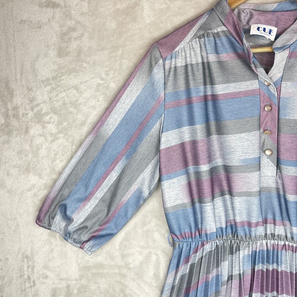 Vtg 80s Cue Fashions Striped Pleated Midi Dress Size 16.5 Large Retro Glamoratti - Picture 5 of 16